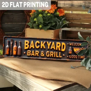 Rustic Backyard Bar & Grill 2D Flat Metal Sign - 1pc 3.93x15.74"