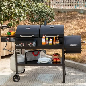 34,000 BTU 2-Burner Gas Charcoal Grill Combo with Offset Smoker Side Burner