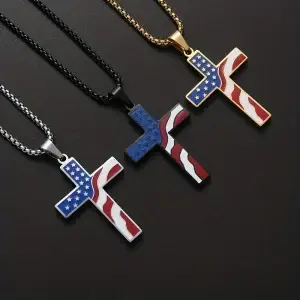 1pc Patriotic American Flag Cross Pendant Necklace